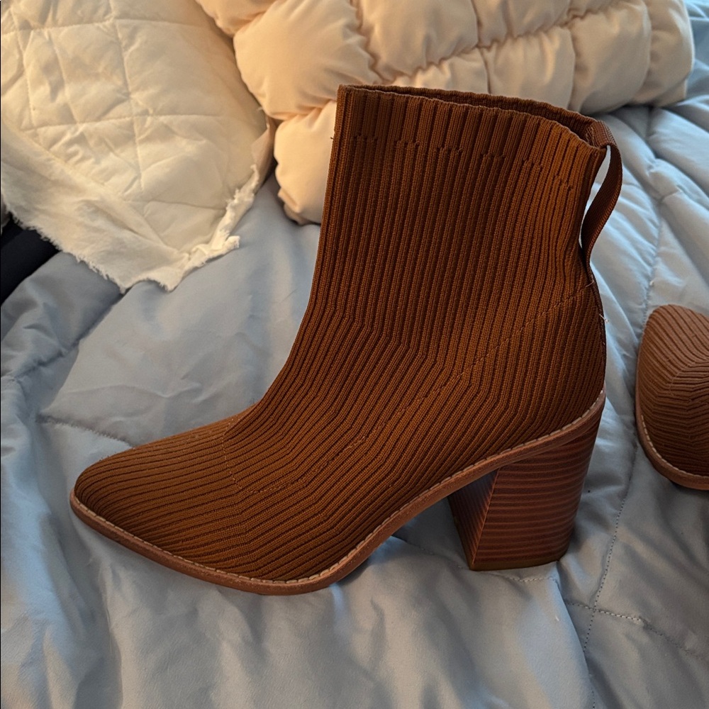 Steven cognac brown Nixie slip on 3.5” stack heeled sock Booties